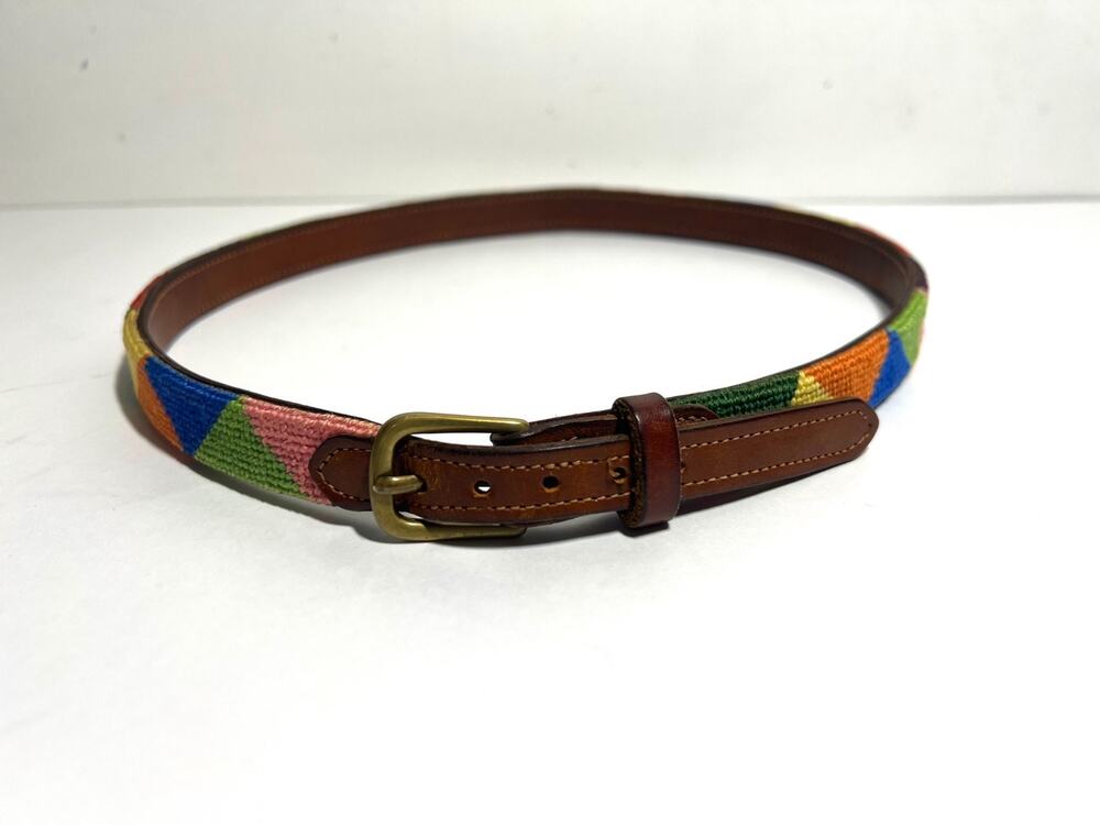 Dan Place EUC Multicolor UNISEX Triangle Needlepoint Belt Brown Leather 32